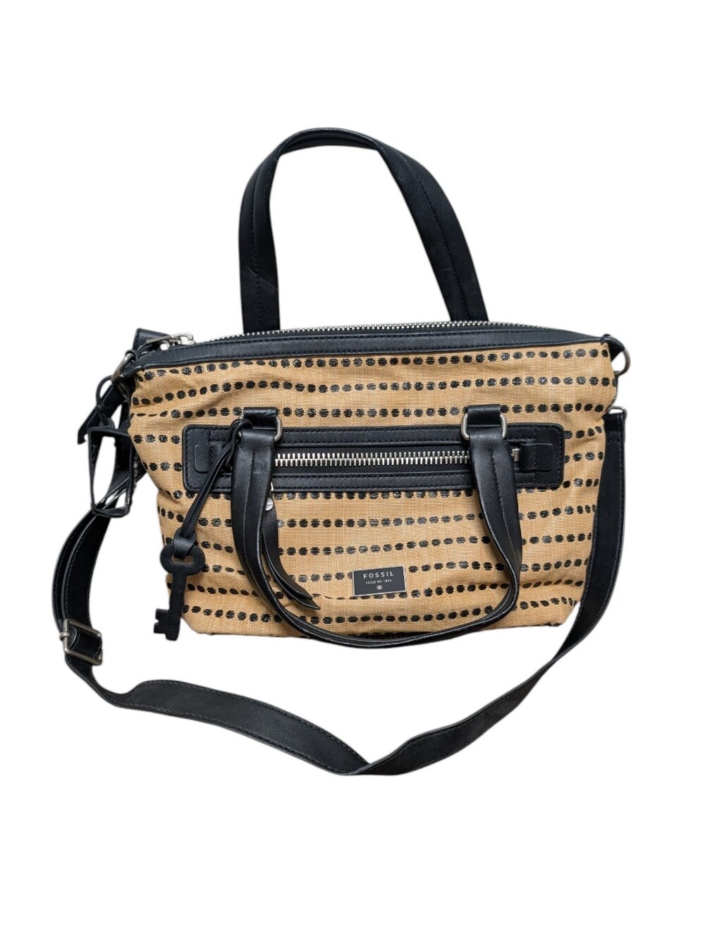 FOSSIL Women's Dawson Satchel Textile Black & Tan Polka Dot Purse Bag